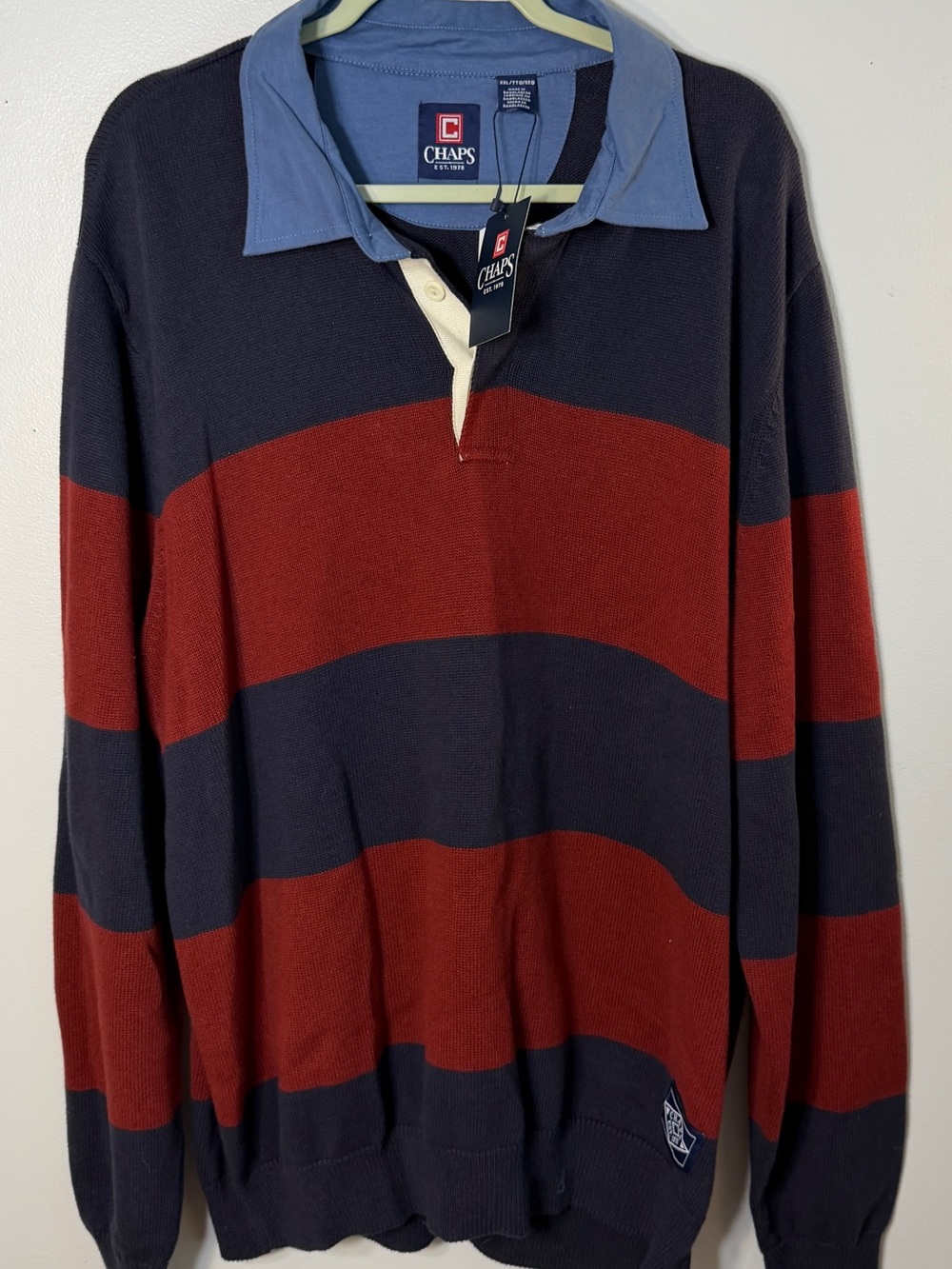 Chaps NWTS men’s rugby sweater 2X striped navy red long sleeve pullover preppy